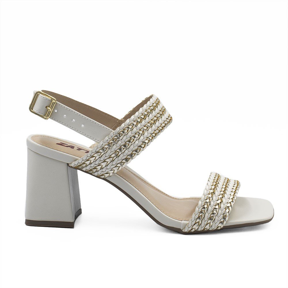 Sandália Zatta Salto Bloco Tiras Trançadas Nicole Off White