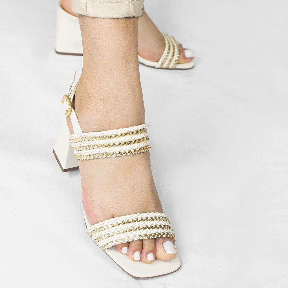 Sandália Zatta Salto Bloco Tiras Trançadas Nicole Off White Branco 4