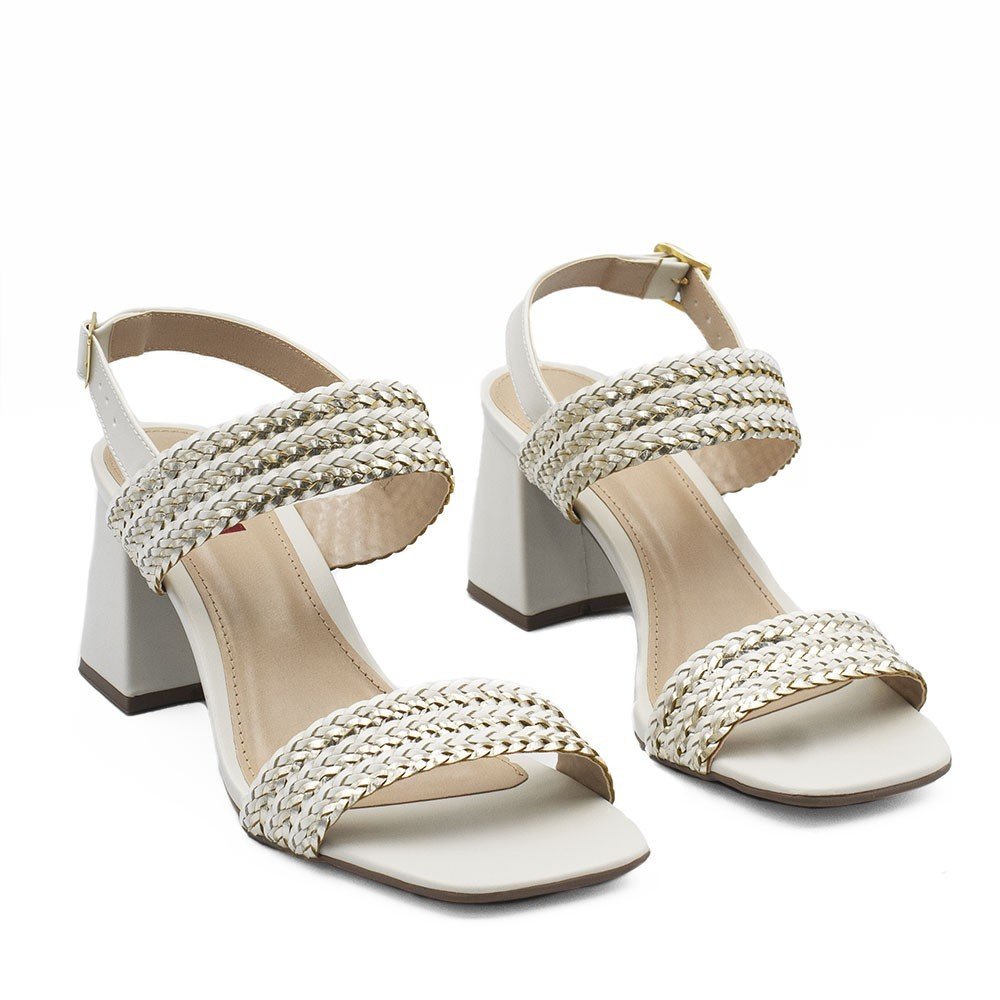 Sandália Zatta Salto Bloco Tiras Trançadas Nicole Off White Branco 5