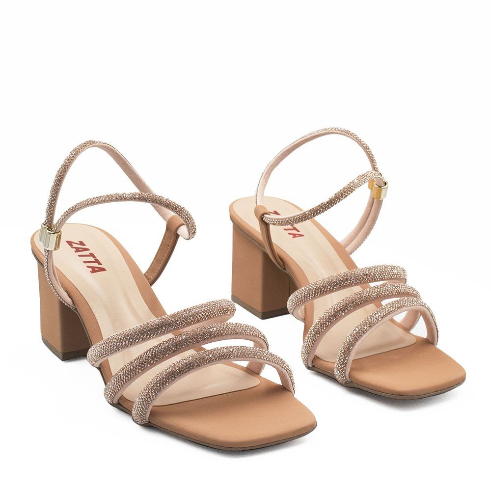 Sandália Zatta Salto Bloco Tiras de Strass Carmem Caramelo Marrom 5