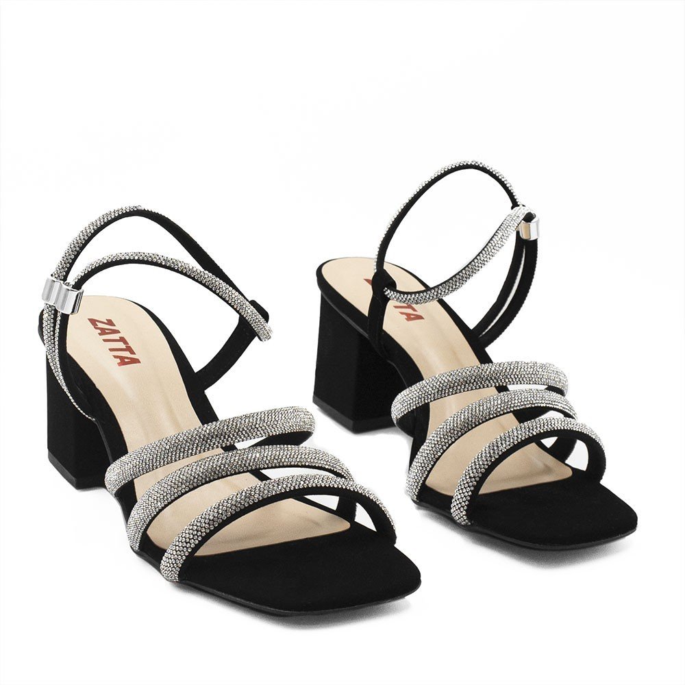 Sandália Zatta Salto Bloco Tiras de Strass Carmem Preta Preto 3