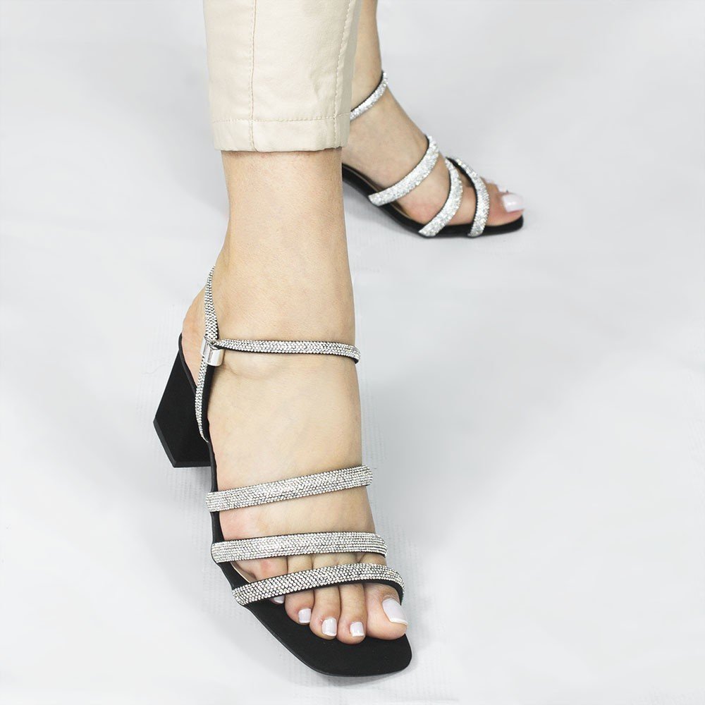 Sandália Zatta Salto Bloco Tiras de Strass Carmem Preta Preto 4