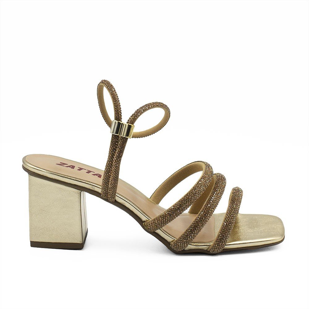 Sandália Zatta Salto Bloco Tiras de Strass Carmem Dourada