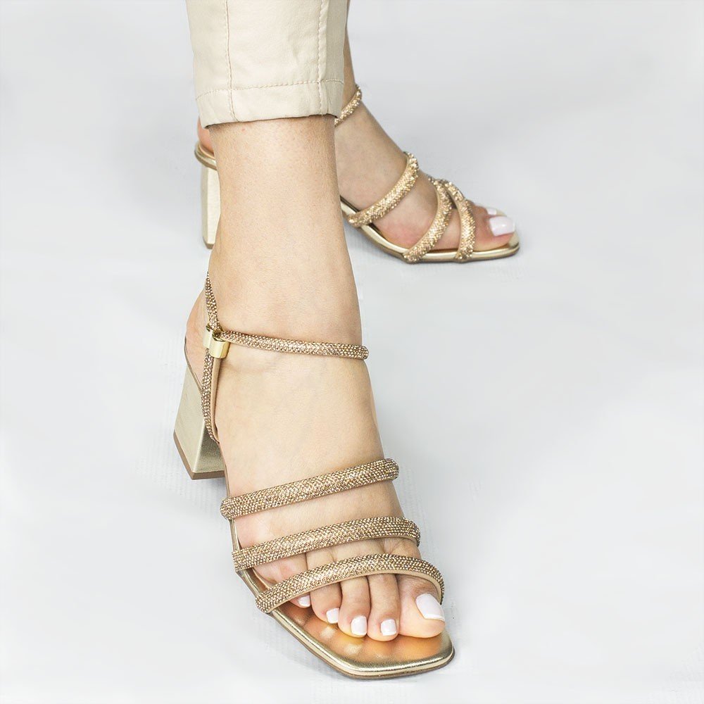 Sandália Zatta Salto Bloco Tiras de Strass Carmem Dourada Dourado 4
