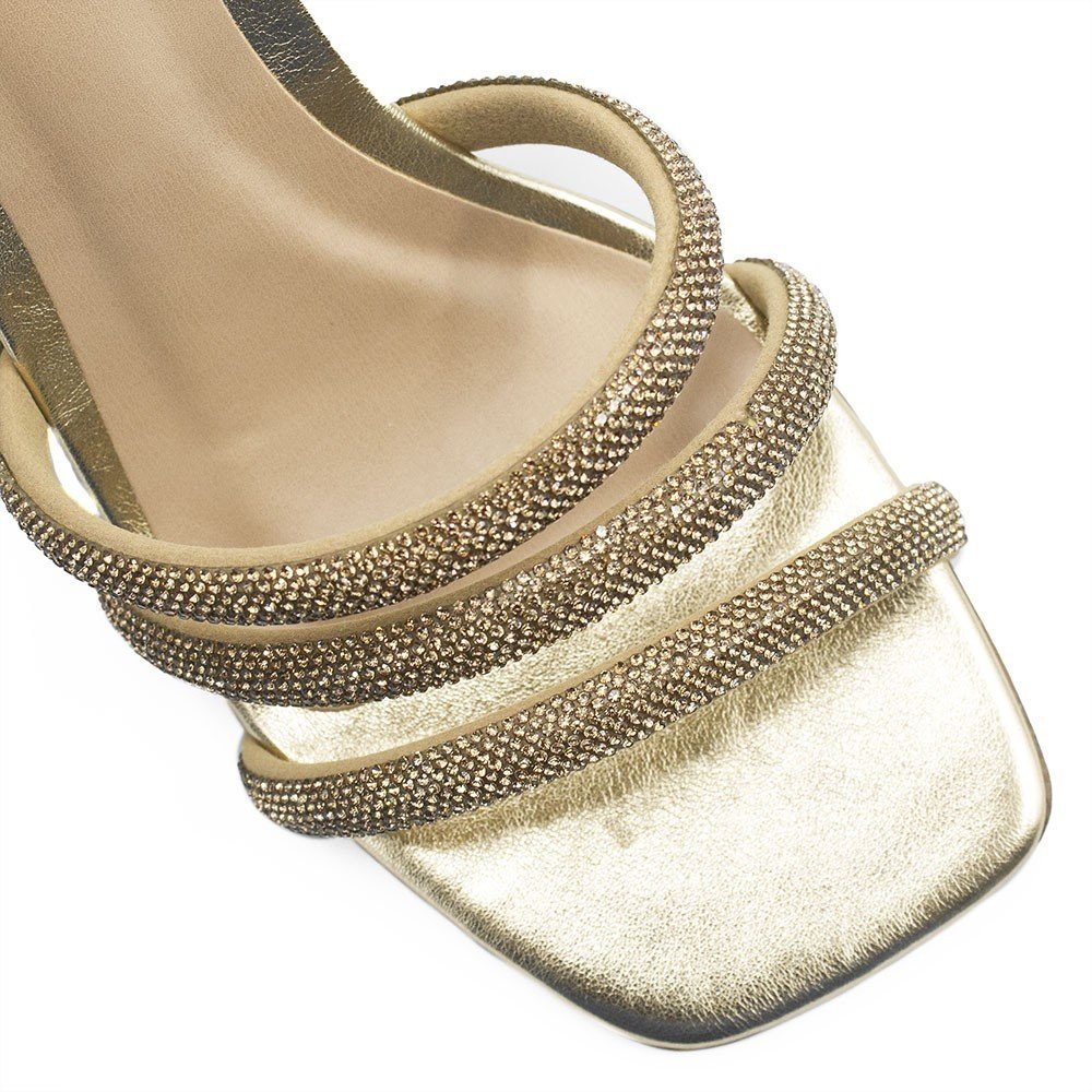 Sandália Zatta Salto Bloco Tiras de Strass Carmem Dourada Dourado 5