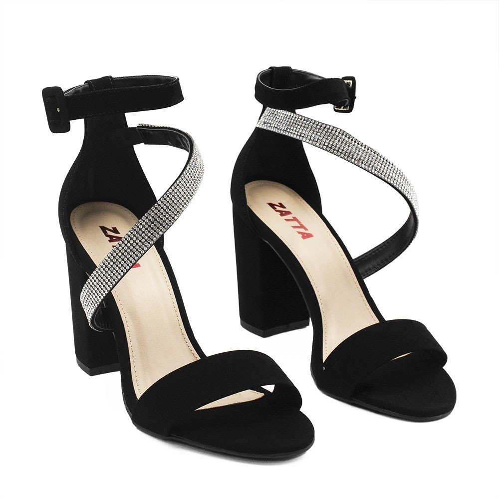 Sandália Zatta Salto Bloco Strass Fiorela Preto Preto 5