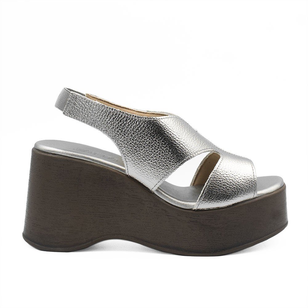 Sandália Anabela Couro Pâmela Prata Velho