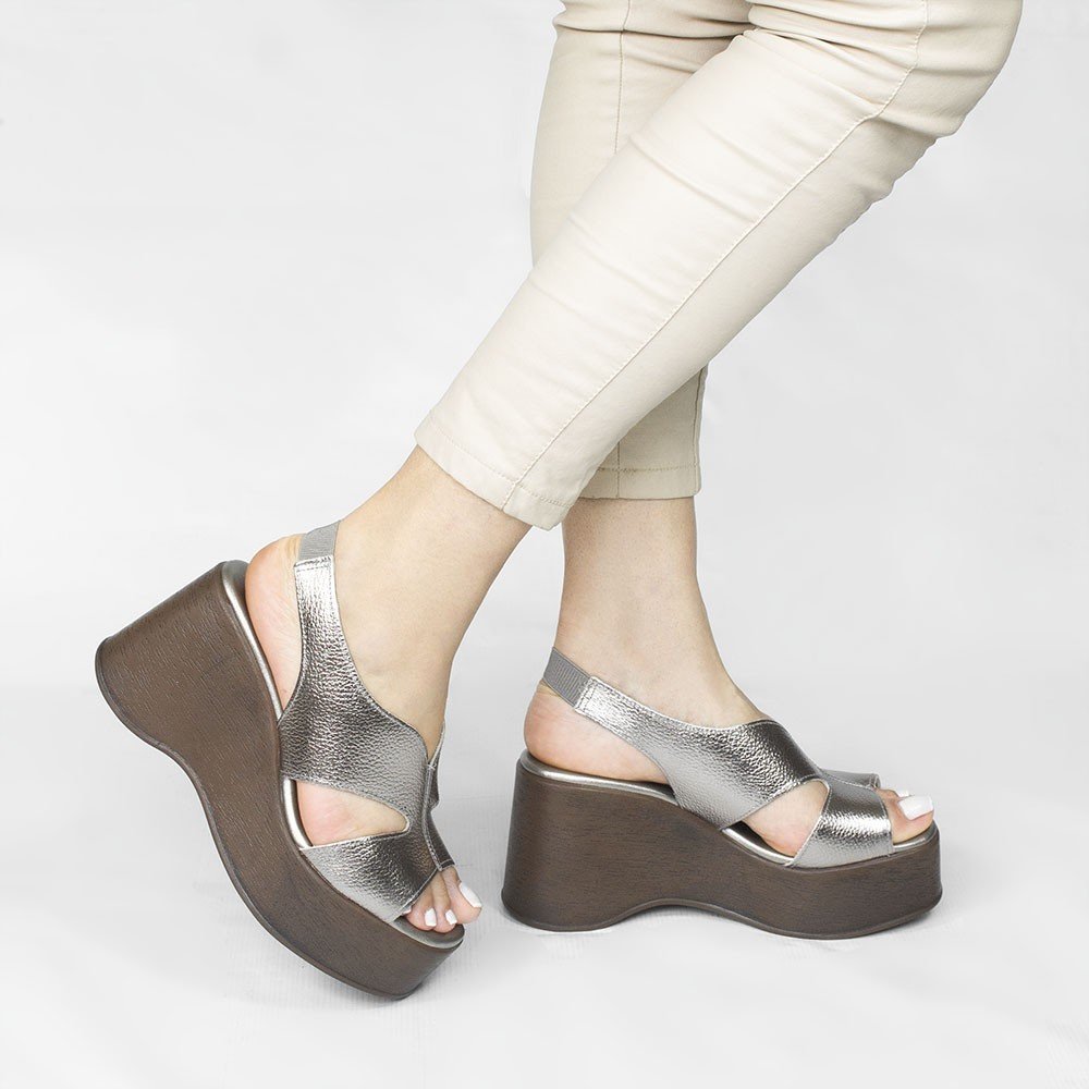 Sandália Anabela Couro Pâmela Prata Velho Prata 2