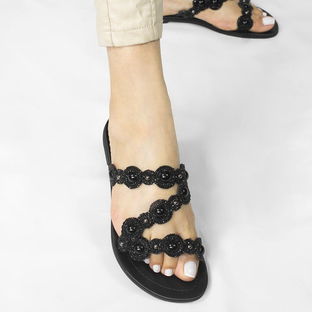 Rasteira Feminina Zatta Pedraria Marília Nude Preto 4