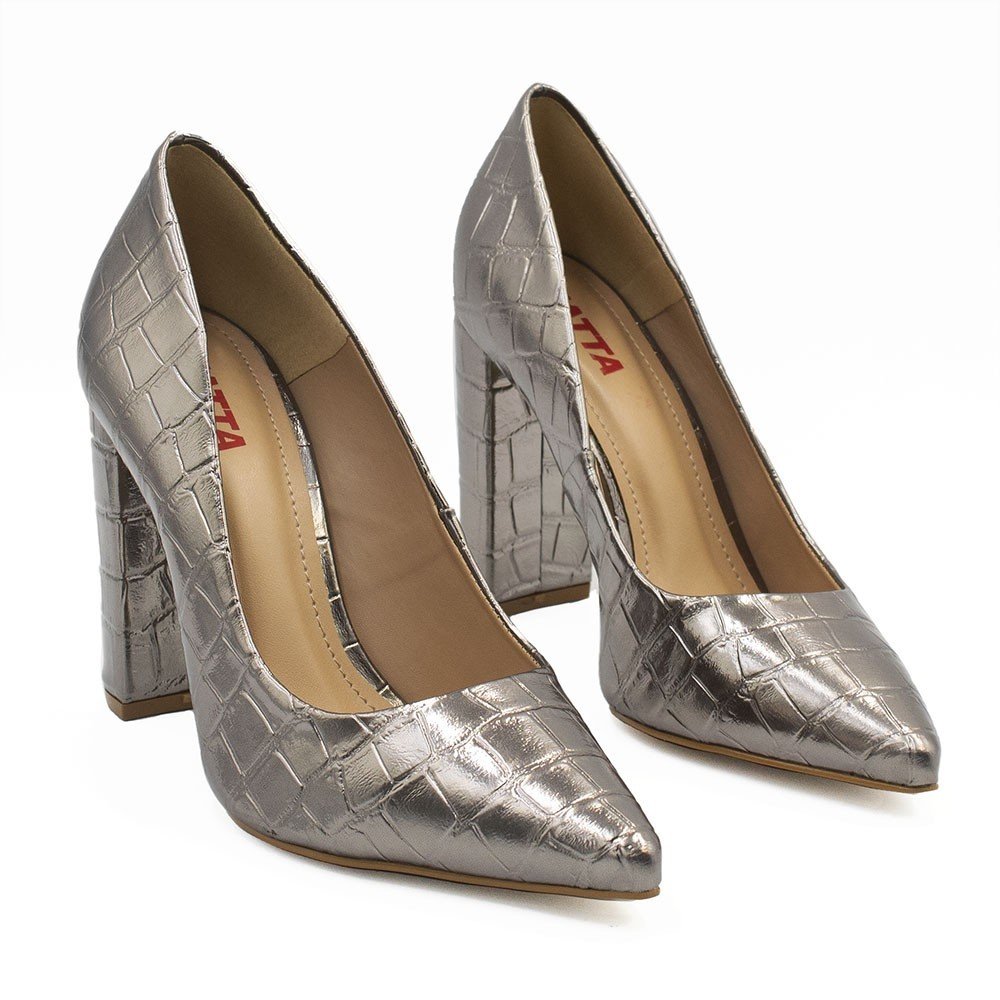 Scarpin Zatta Salto Grosso Jaine Croco Prata Velho Prata 4