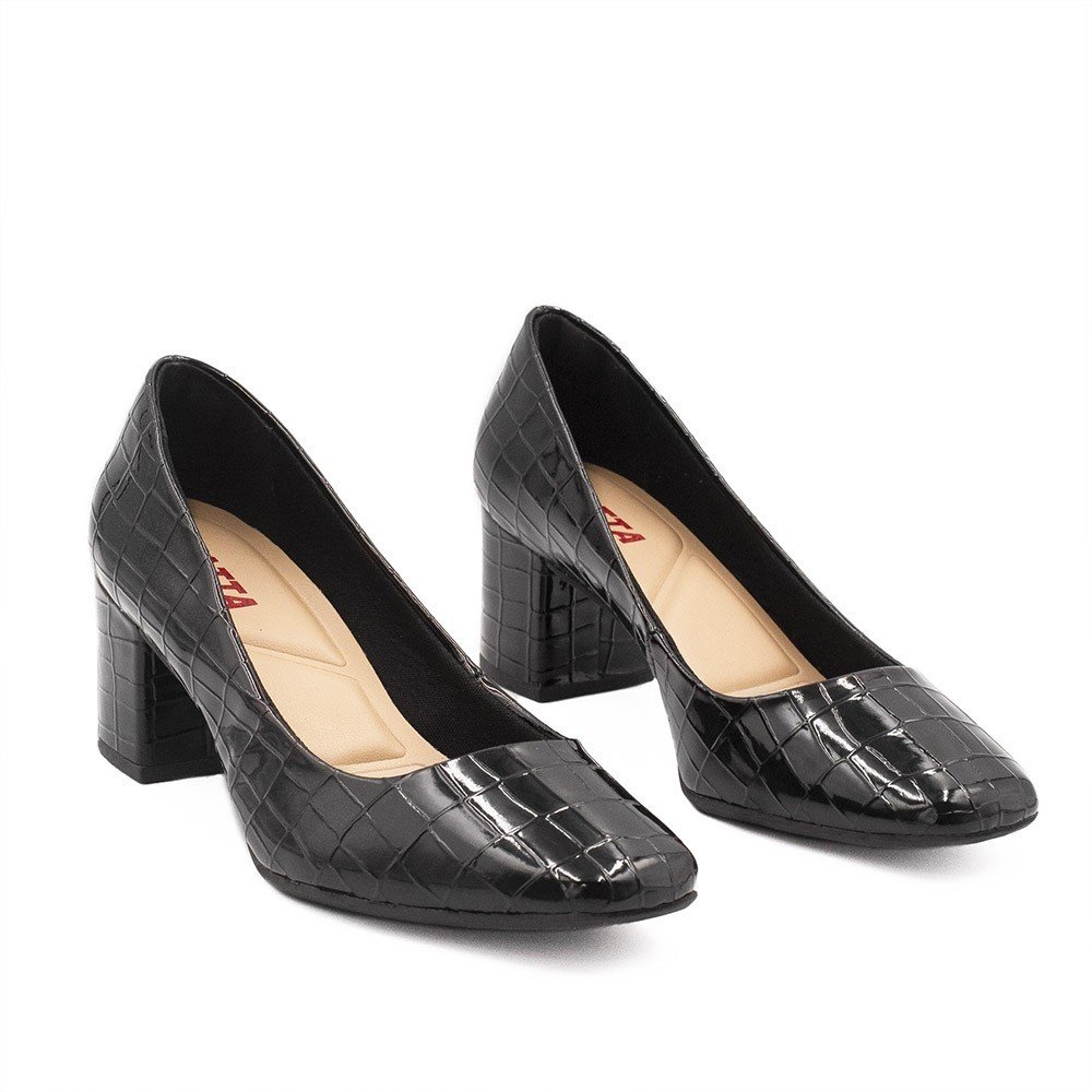 Sapato Retrô Zatta Bico Quadrado Heidi Croco Preto Preto 4