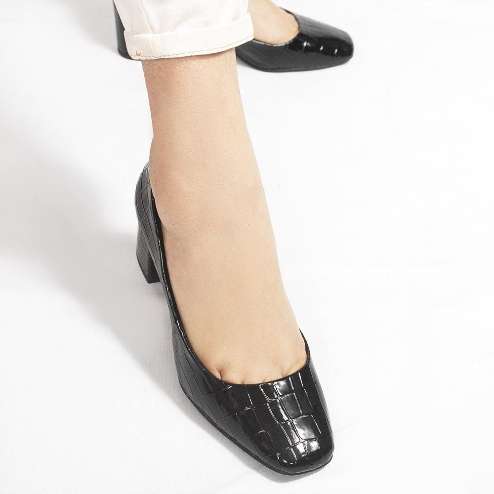 Sapato Retrô Zatta Bico Quadrado Heidi Croco Preto Preto 5