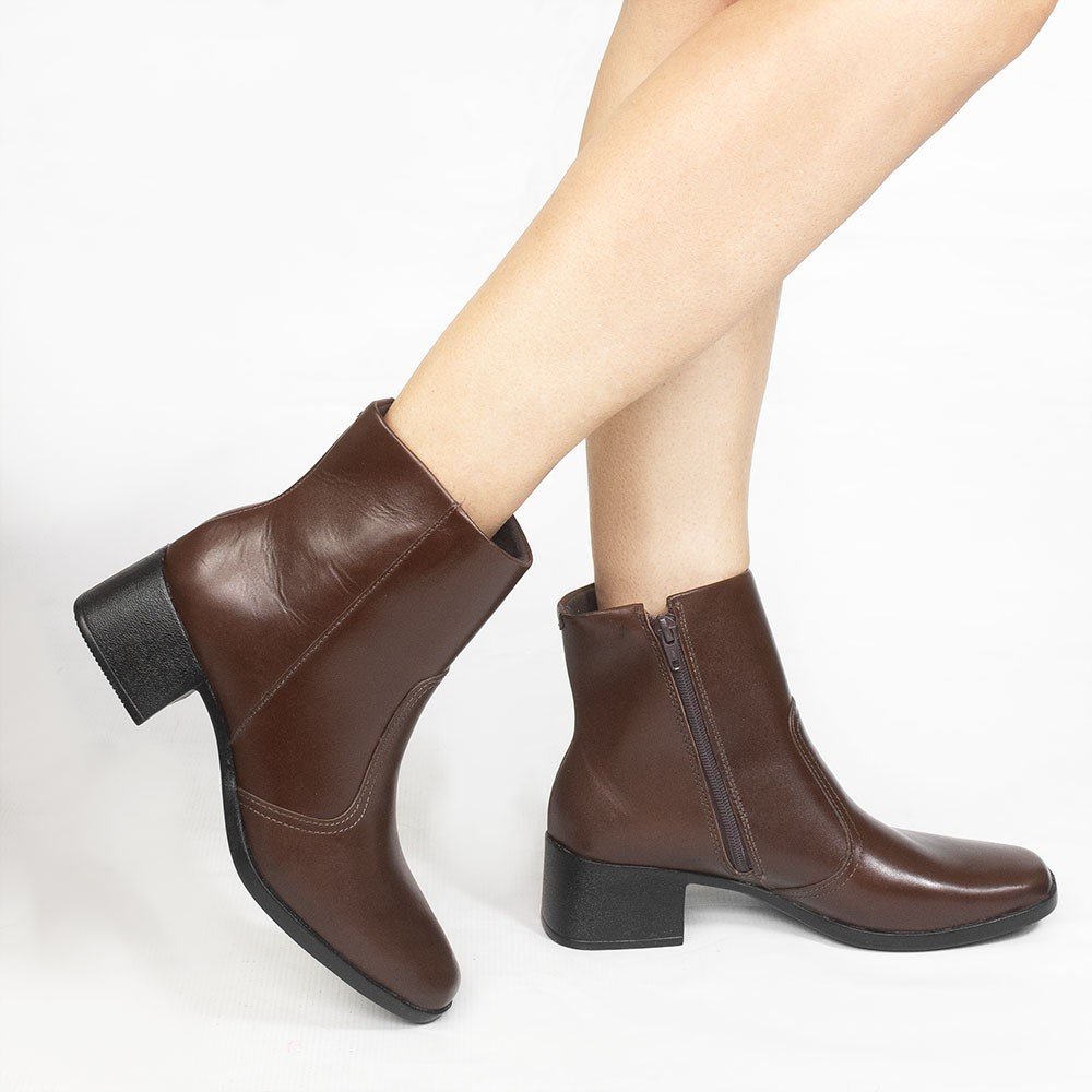 Bota Zatta Bico Quadrado Salto Bloco Couro Clarice Marrom Marrom 2