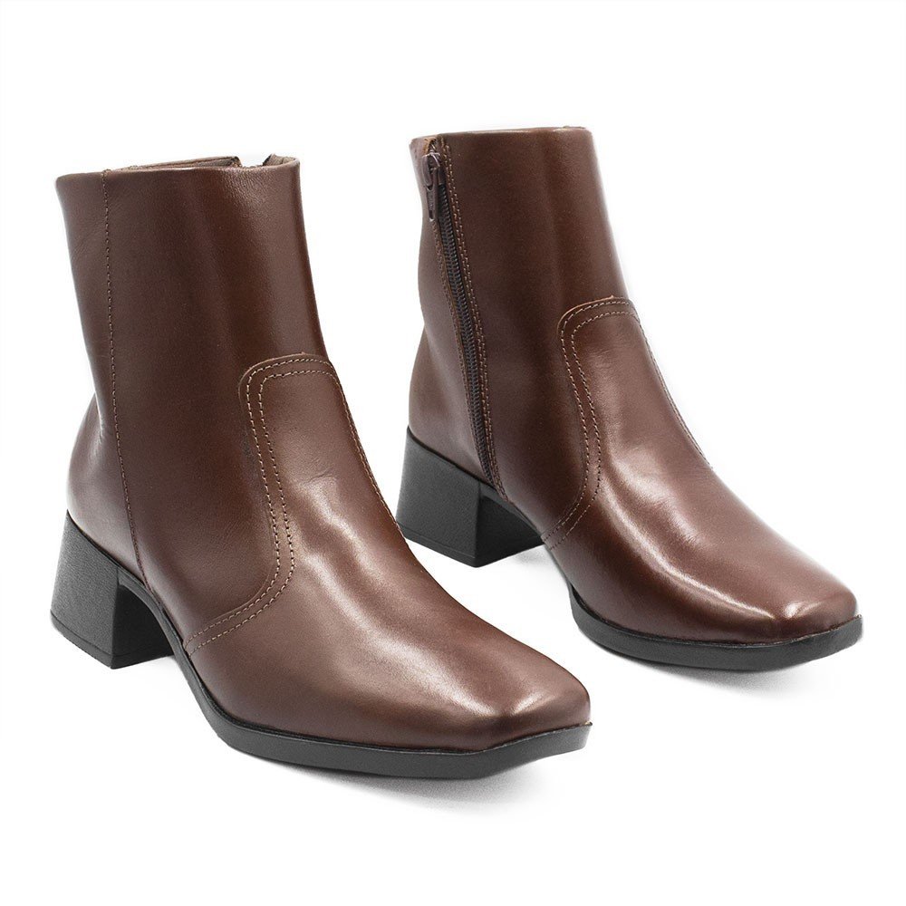 Bota Zatta Bico Quadrado Salto Bloco Couro Clarice Marrom Marrom 3