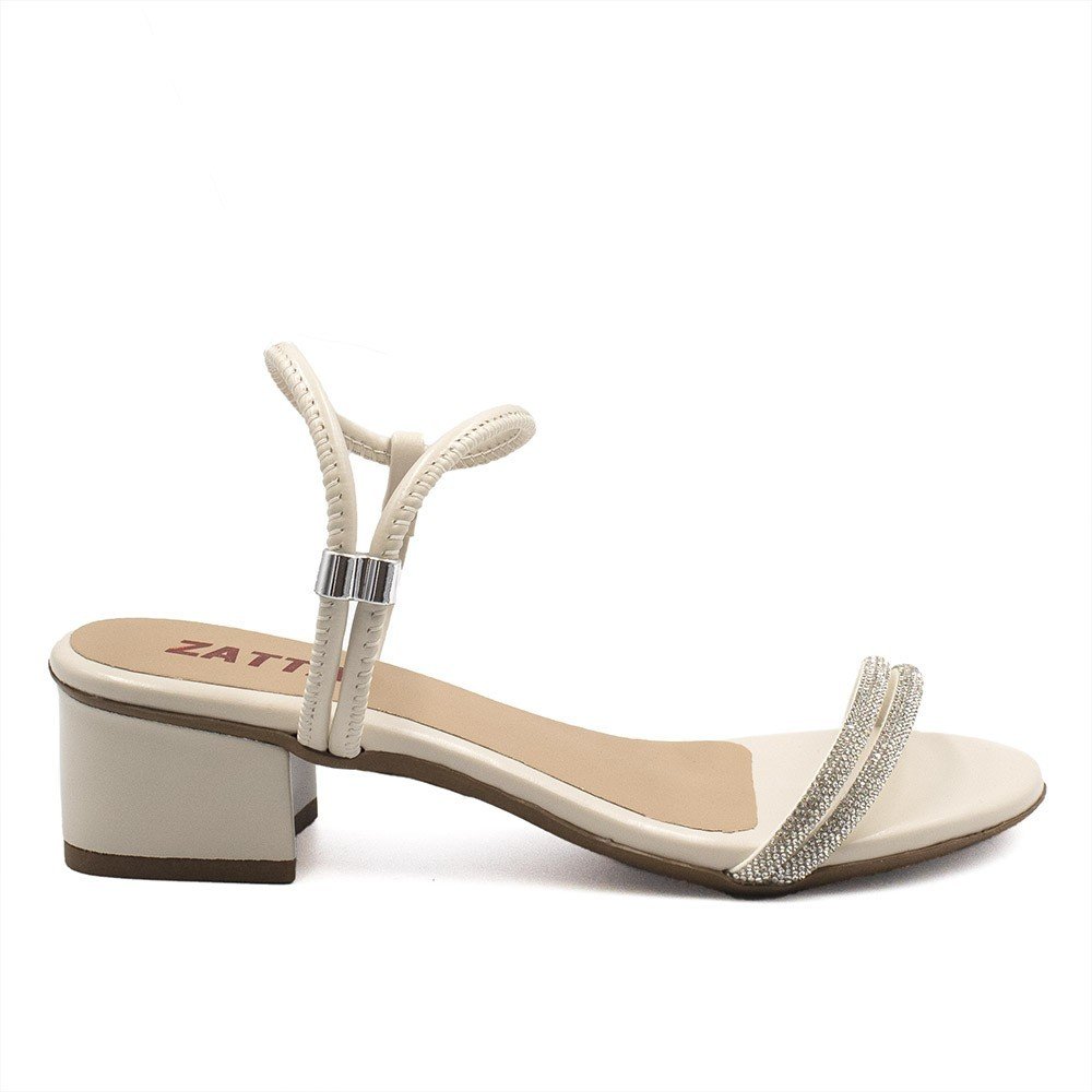 Sandália Zatta Salto Bloco Tiras Strass Sarita Off White