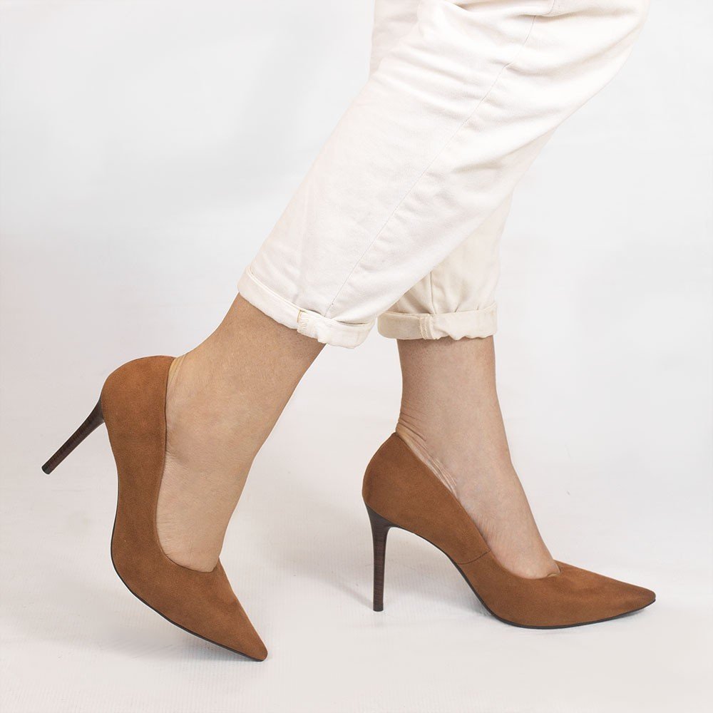 Scarpin Zatta Bico Fino Salto Alto Anita Suede Caramelo Caramelo 2