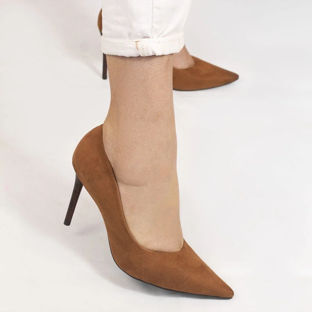 Scarpin Zatta Bico Fino Salto Alto Anita Suede Caramelo Caramelo 4