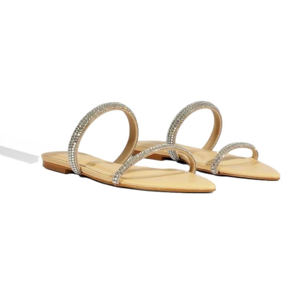 CHINELO SCHUTZ SLIDE COURO FEMININO STRASS S222870001 Bege/Prata 2