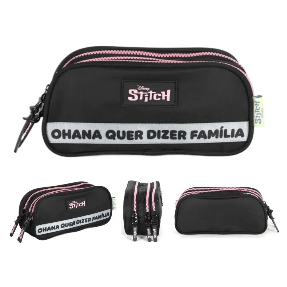 ESTOJO ZIPER TRIPLO INFANTIL FEMININO LUXCEL STITCH OHANA ET50085SC Preto 2