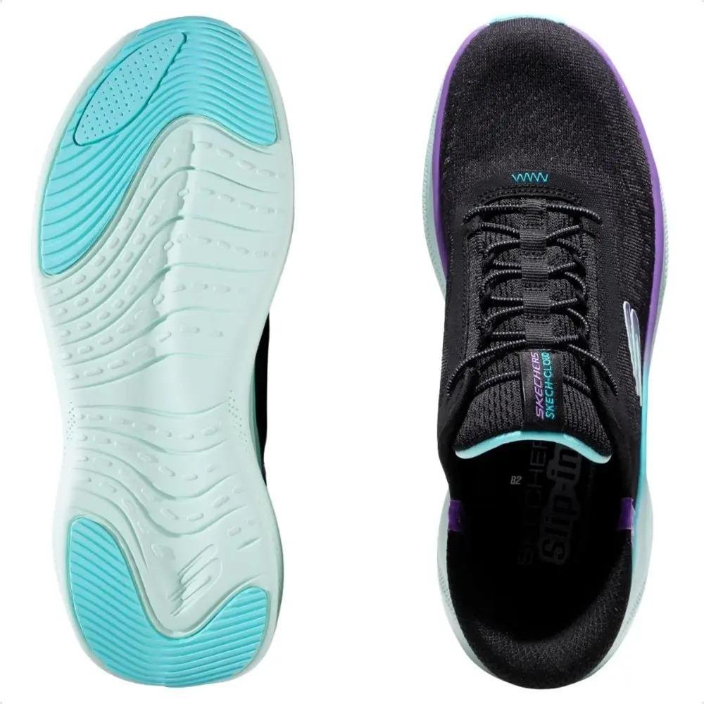 TÊNIS FEMININO SKECHERS SKECH CLOUD PERFECTLY PLUSH 150560 Preto/Roxo/Verde Água 5