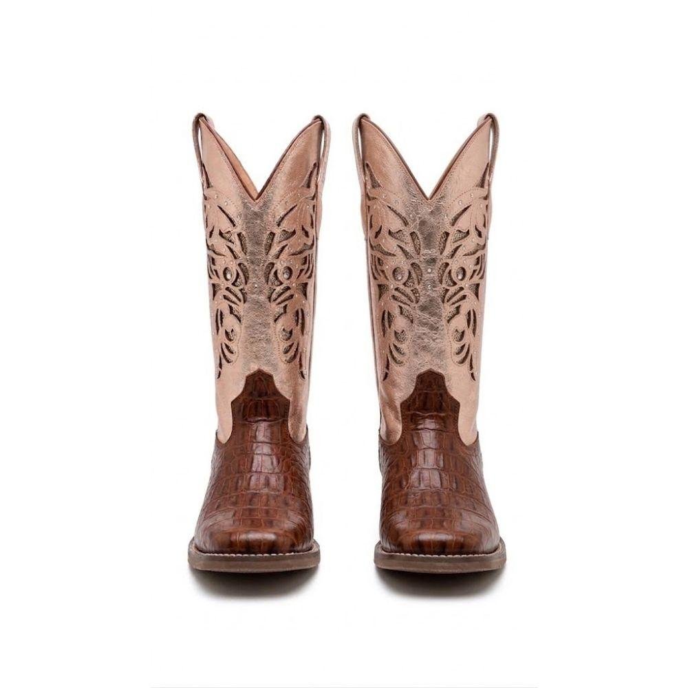 BOTA HELAZZA MONTARIA COURO FEMININA JACARÉ 62326 Marrom 2