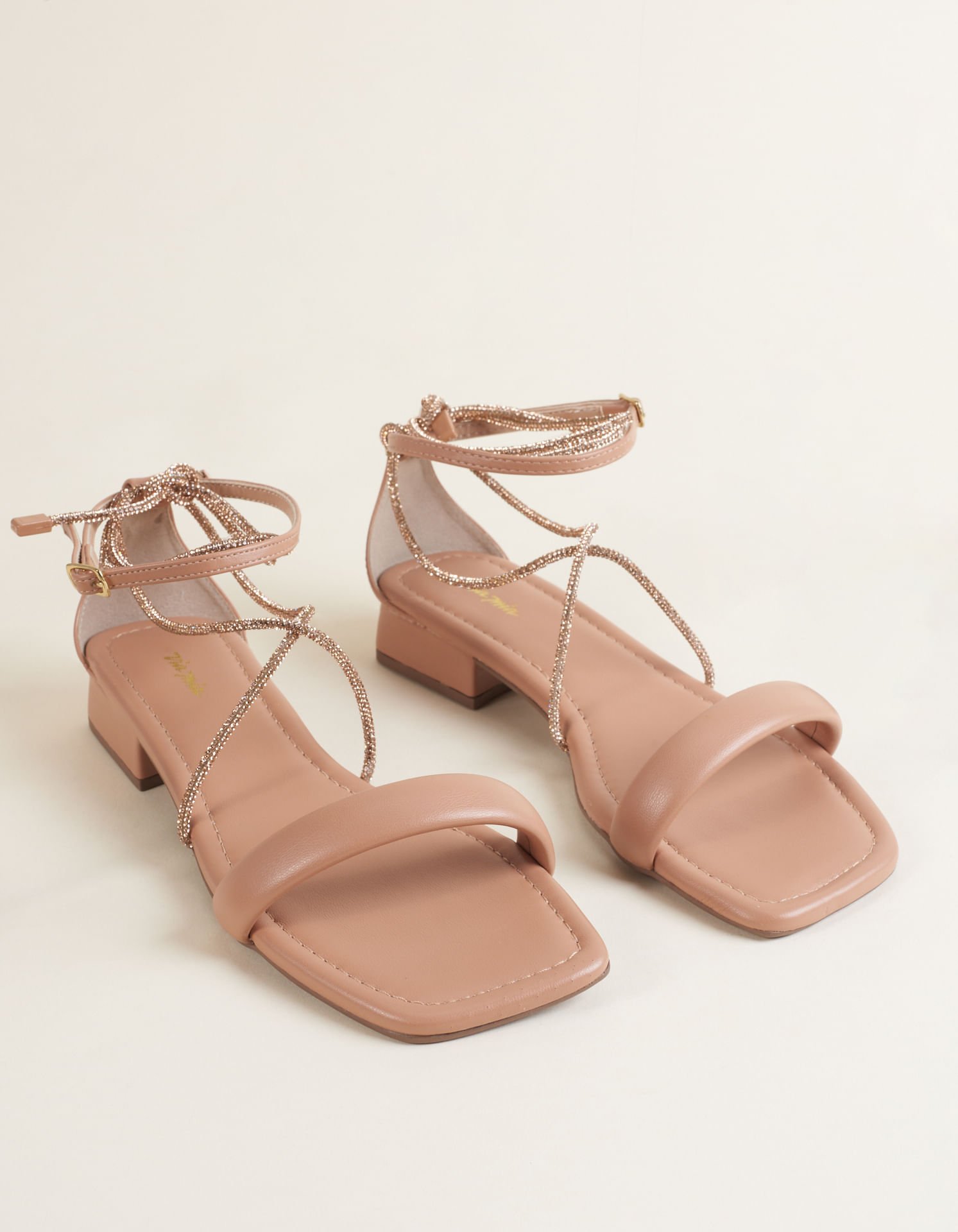 Sandália Média Amarração Detalhe Brilho - Areia