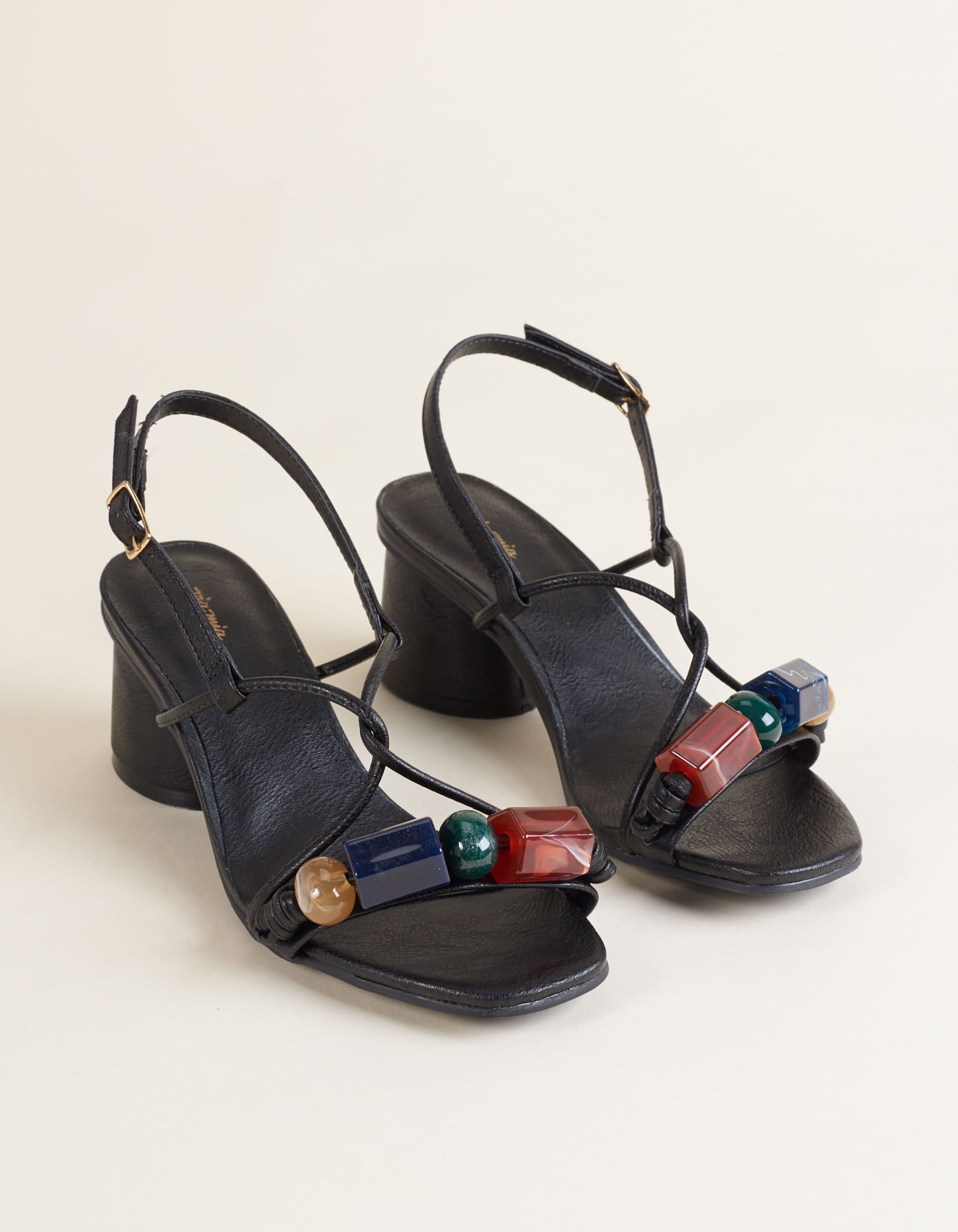 Sandália De Salto Média Com Aplicações Resina E Madeira - Preto Preto 2