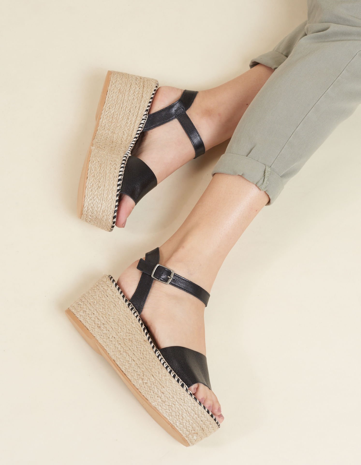 Plataforma Tira Couro Encerado - Preto Preto 1