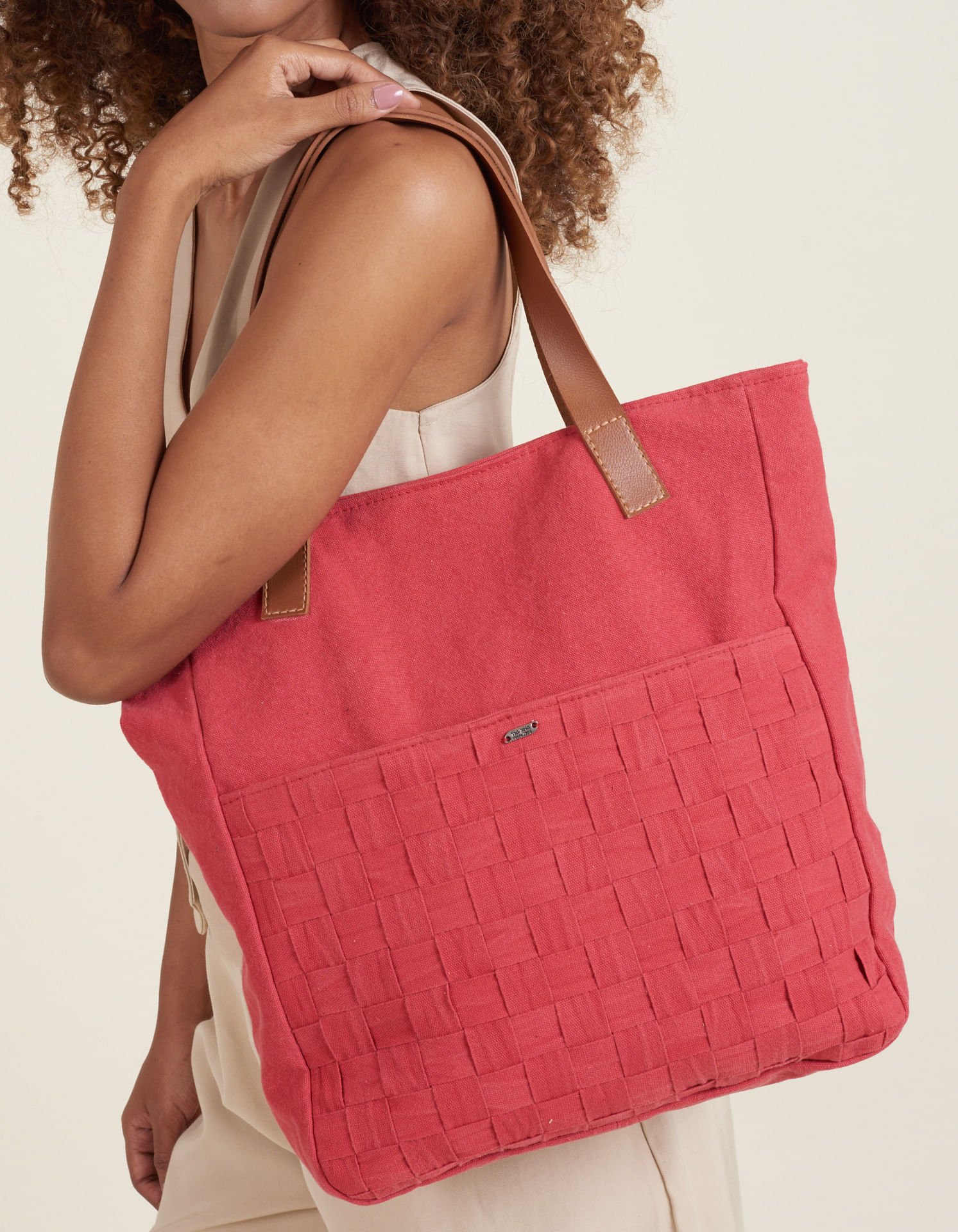 Bolsa Lona Grande Bolso Frontal Detalhe Tressê - Melancia Vermelho 1