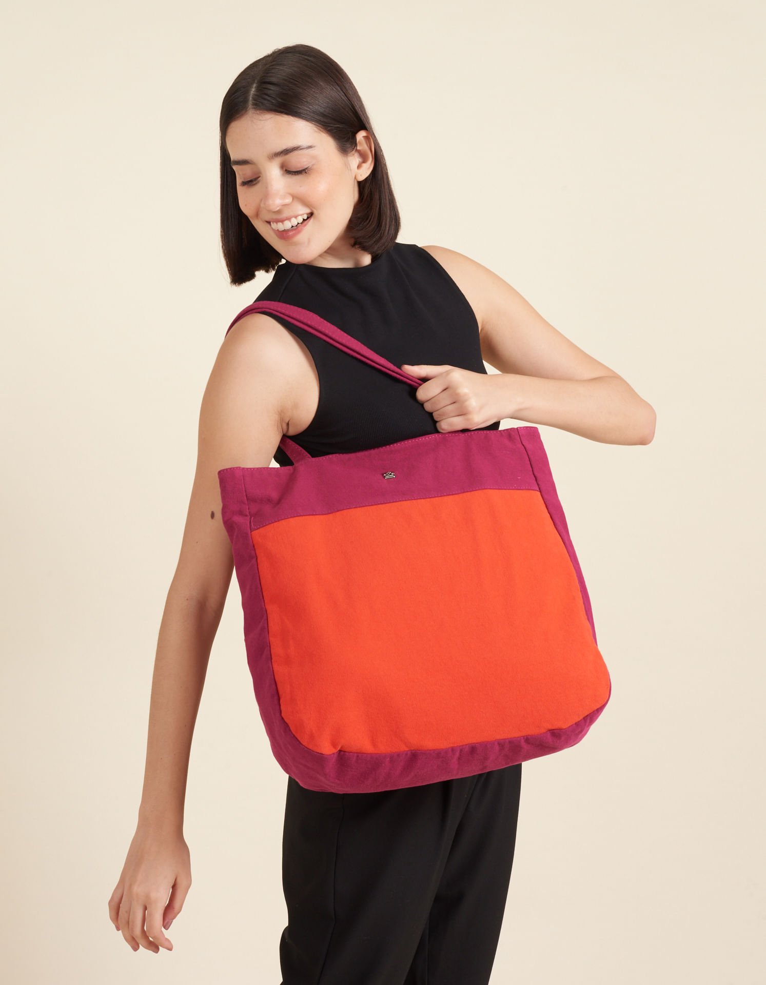 Bolsa Grande Lona Recortes Bicolor - Melancia Vermelho 1