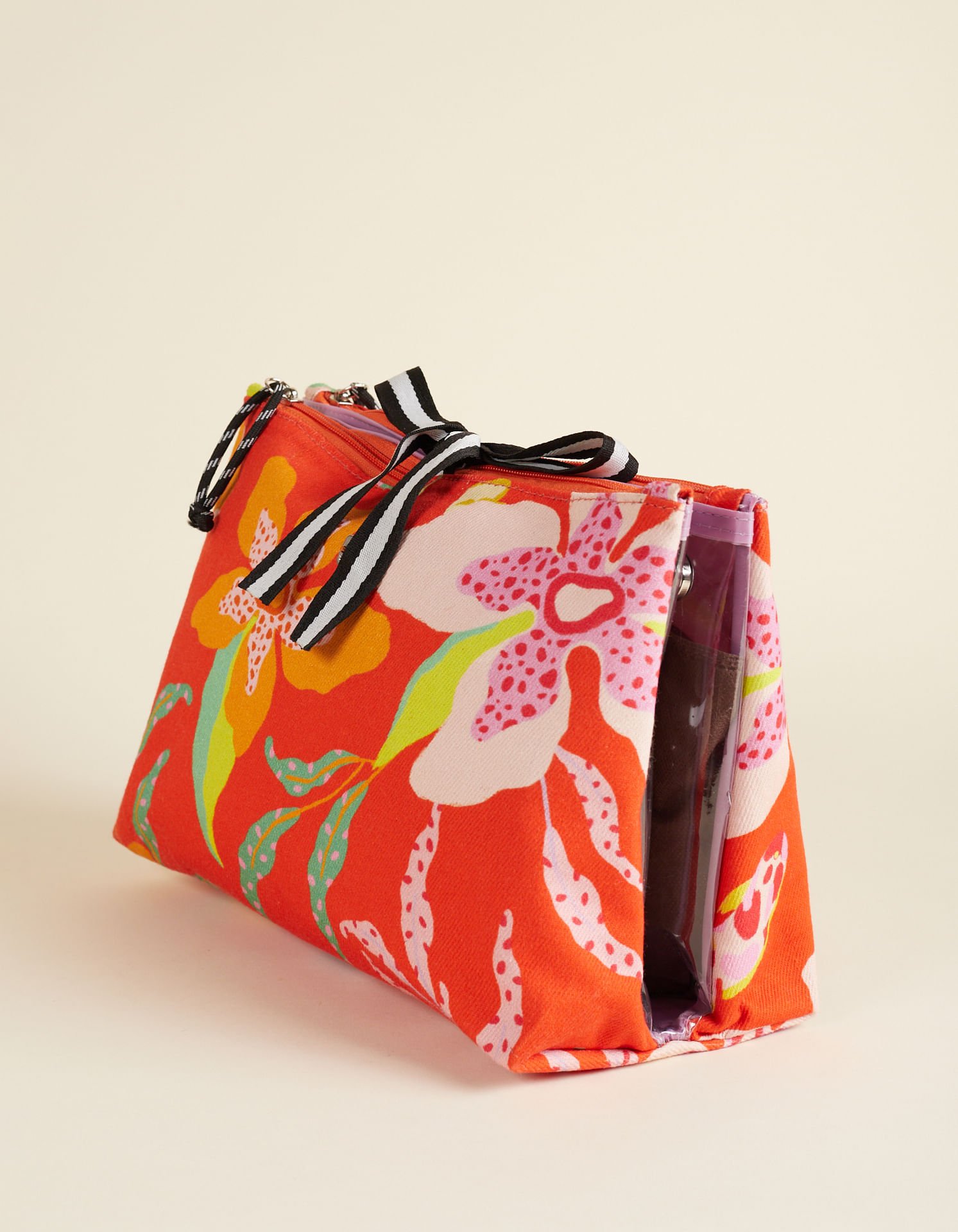 Necessaire Grande Bolsos Internos Floral de Verão - Unica Laranja 2
