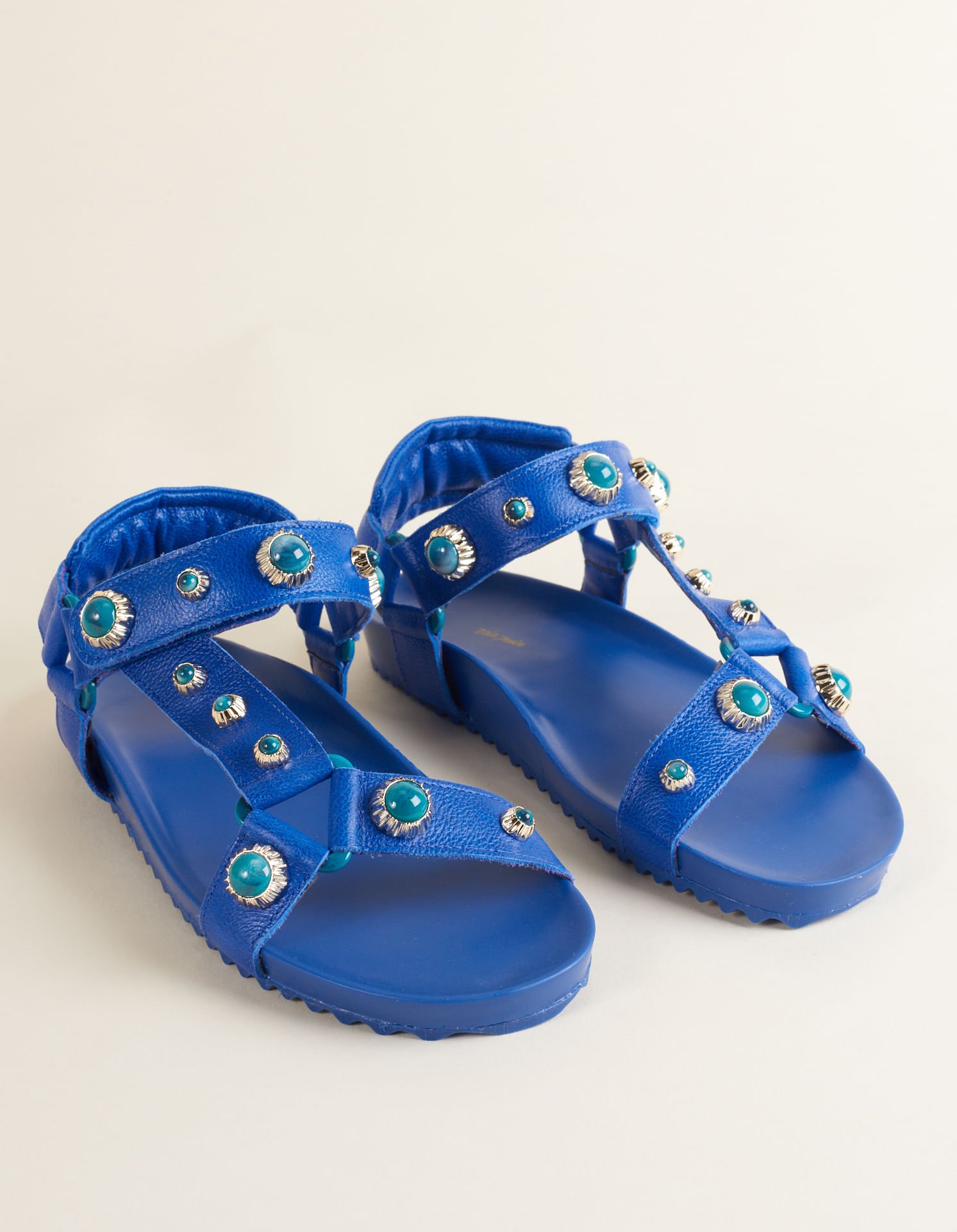 Rasteira estilo Papete Couro encerado com Aplicações - Azul Azul 2