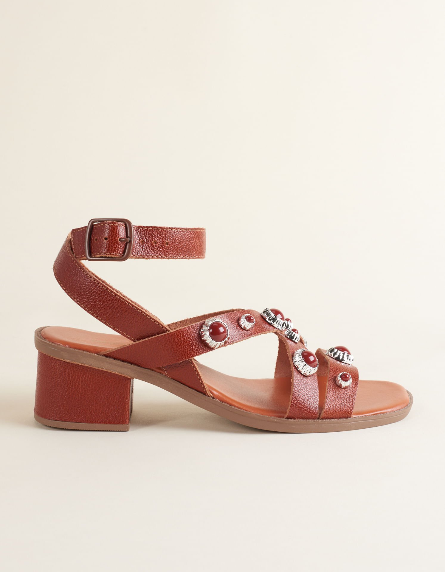 Sandália Média Tiras Couro encerado com Aplicação - Camel Camel 2