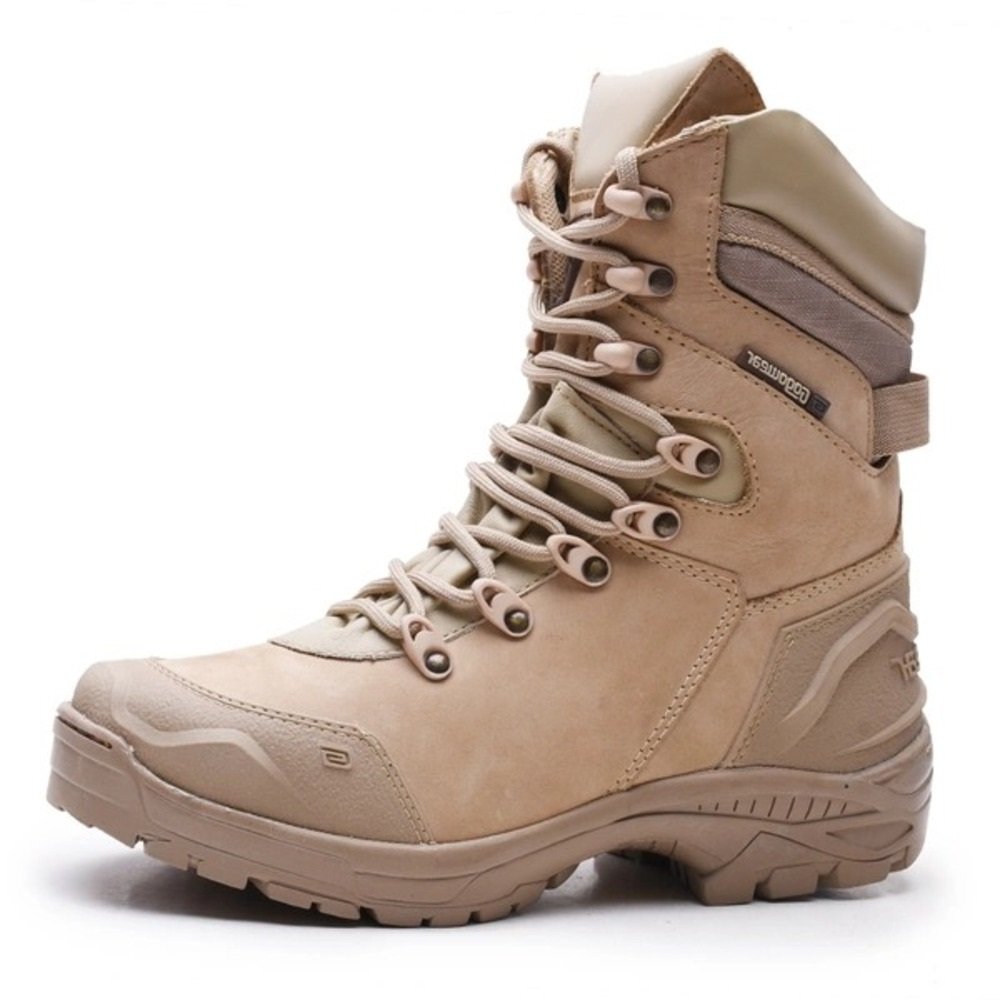 Bota Coturno Tática Militar Cano Longo Couro Adventure com Cadarço Sola Robusta Leve Antiderrapante Bege 1