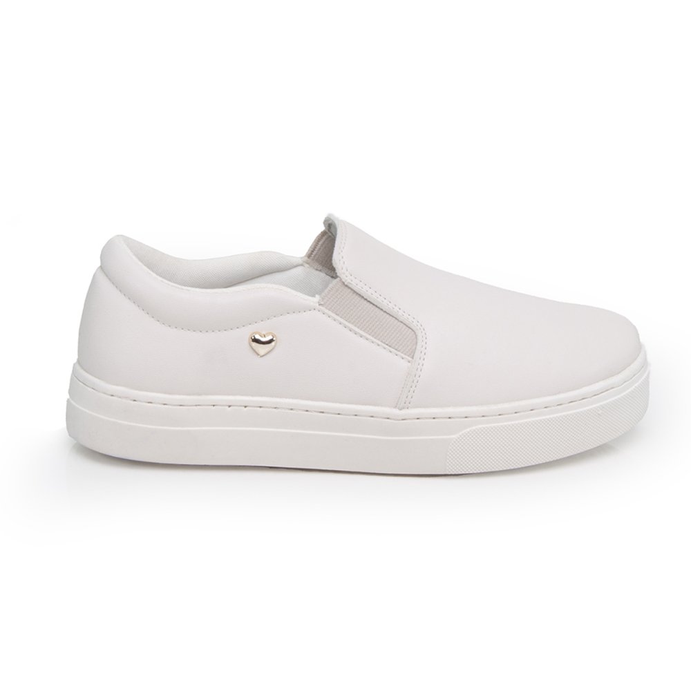 Tênis Slip On Feminino Moda Elástico Calce Fácil Detalhe Coração Confortável Branco 1