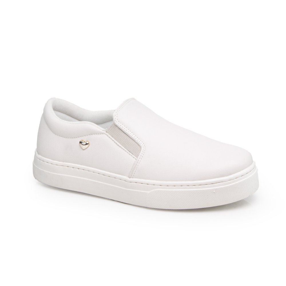 Tênis Slip On Feminino Moda Elástico Calce Fácil Detalhe Coração Confortável Branco 4