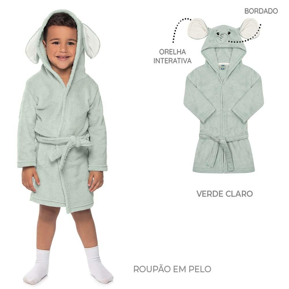 Roupão Infantil Menino Capuz Fleece Elefantinho Verde Tileesul Verde 2