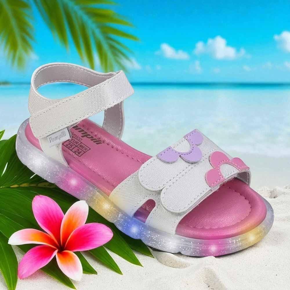 SANDÁLIA DE LED INFANTIL PAMPILI LULLI FLORES BRANCA HOLOGRÁ Branco/Rosa 2