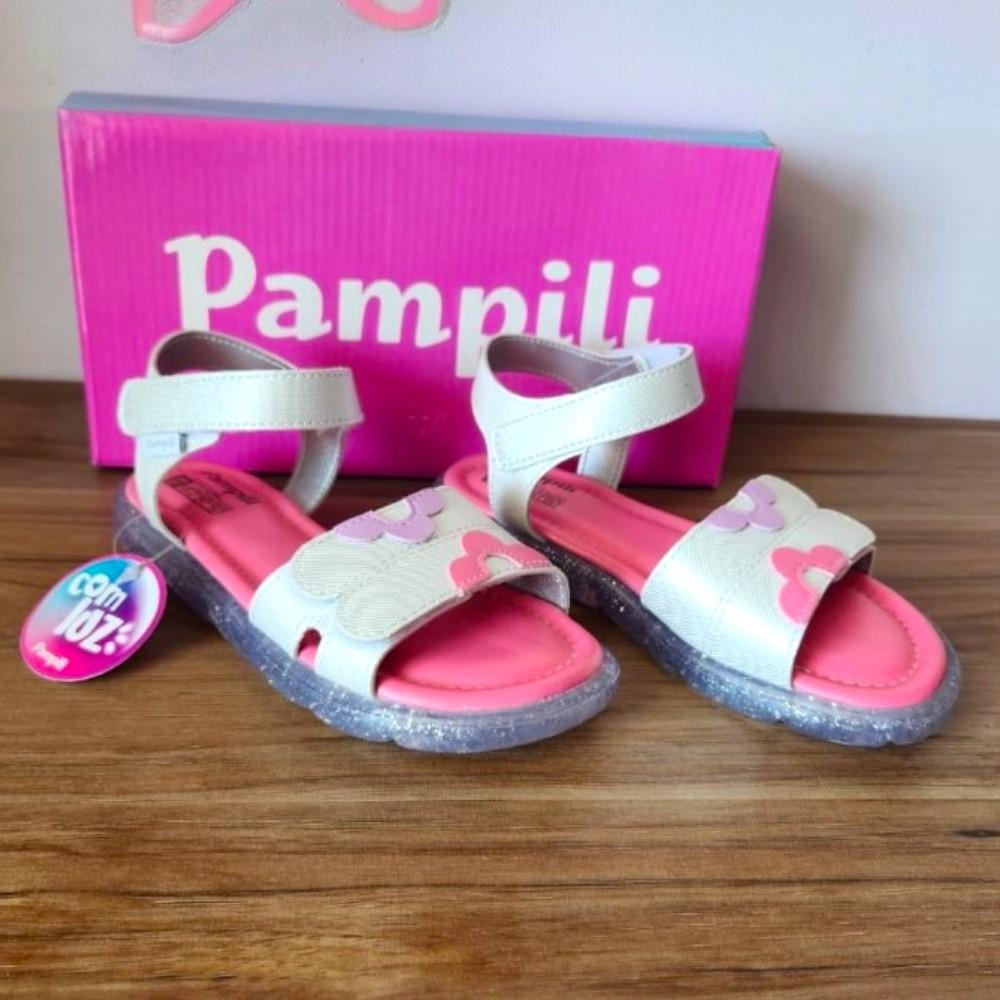 SANDÁLIA DE LED INFANTIL PAMPILI LULLI FLORES BRANCA HOLOGRÁ Branco/Rosa 4