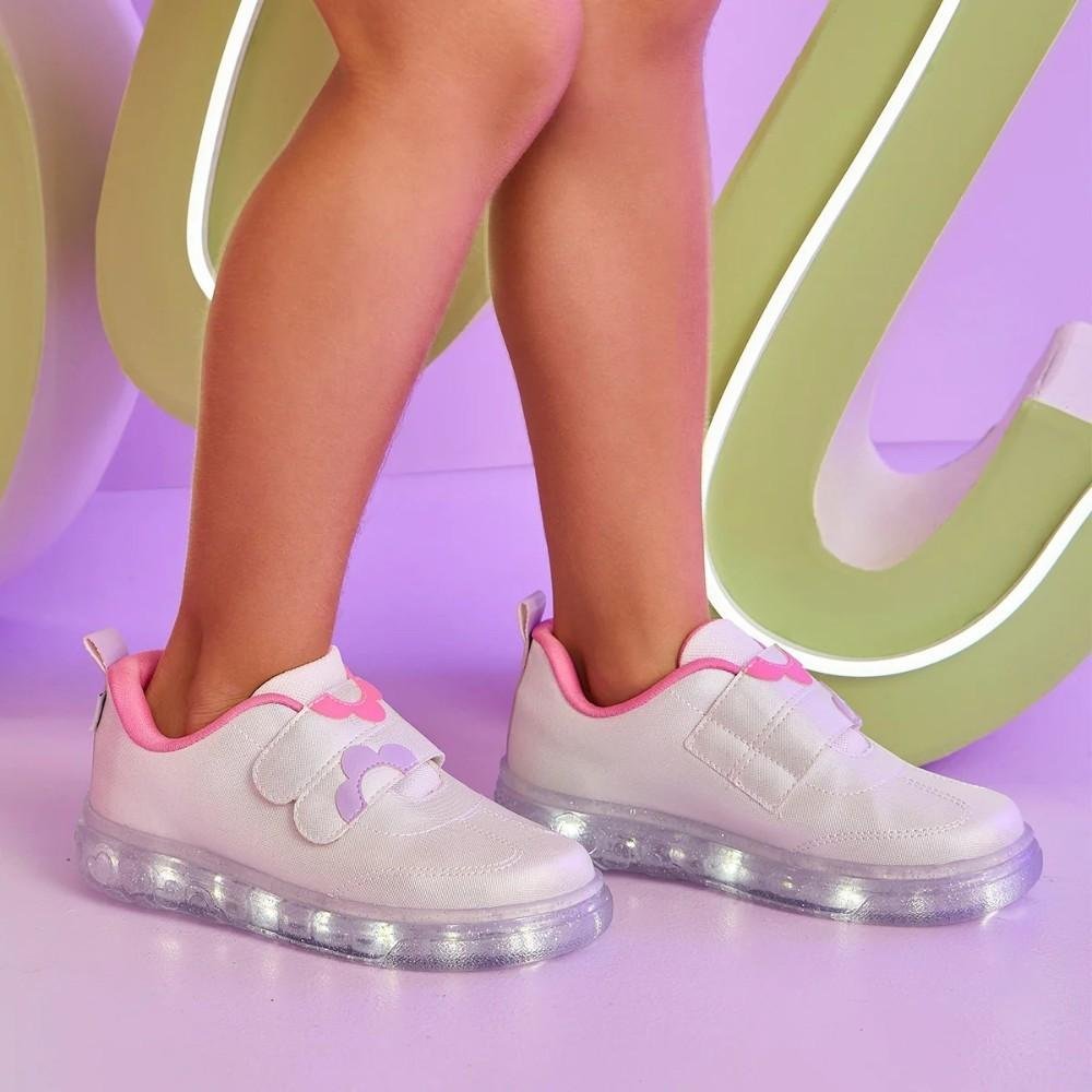 TÊNIS LED INFANTIL MENINA PAMPILI SNEAKER LUZ FLORES BRANCO Branco 6