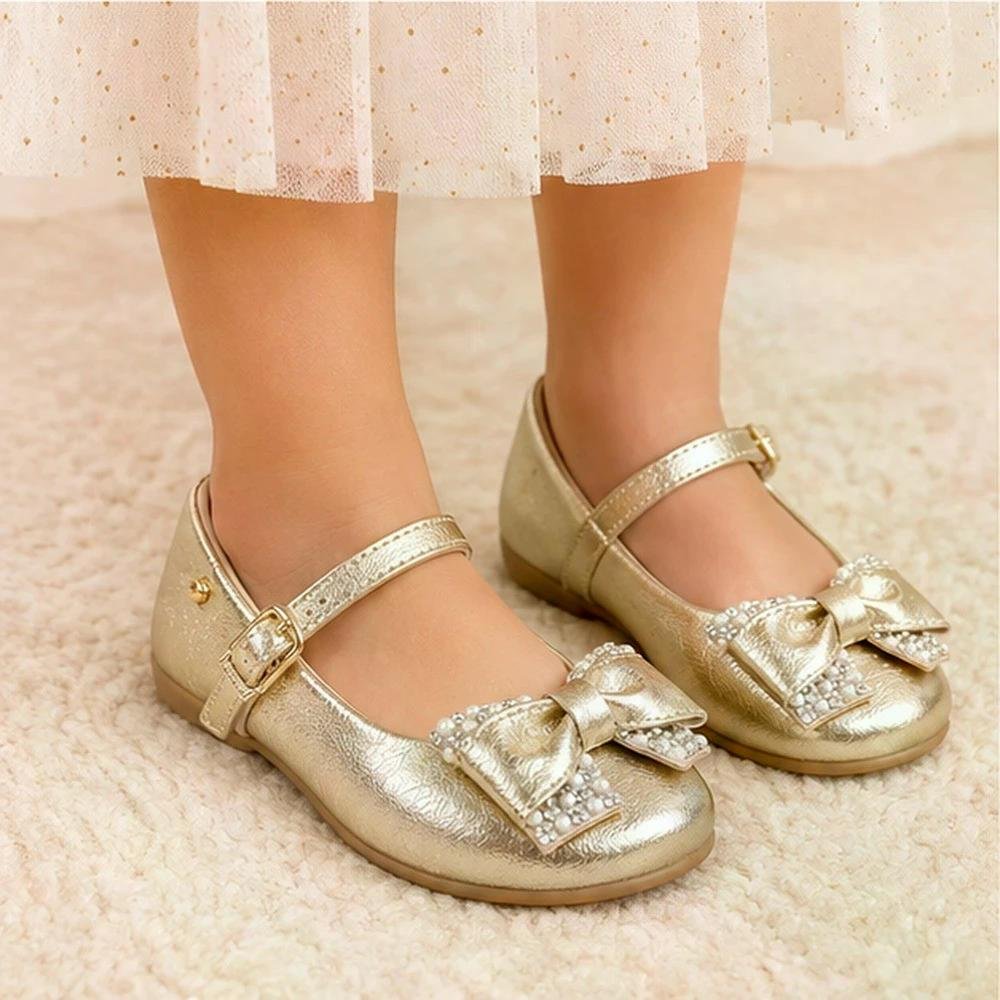 Sapatilha Menina Bailarina Laço Pérola Strass Pampili Dourado 2