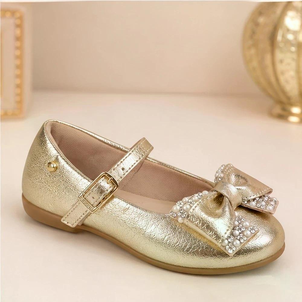 Sapatilha Menina Bailarina Laço Pérola Strass Pampili Dourado 4