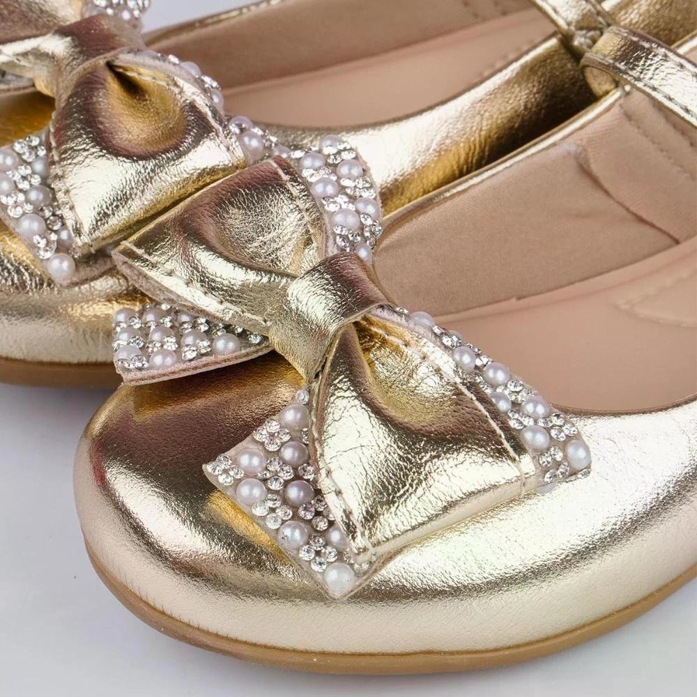Sapatilha Menina Bailarina Laço Pérola Strass Pampili Dourado 5