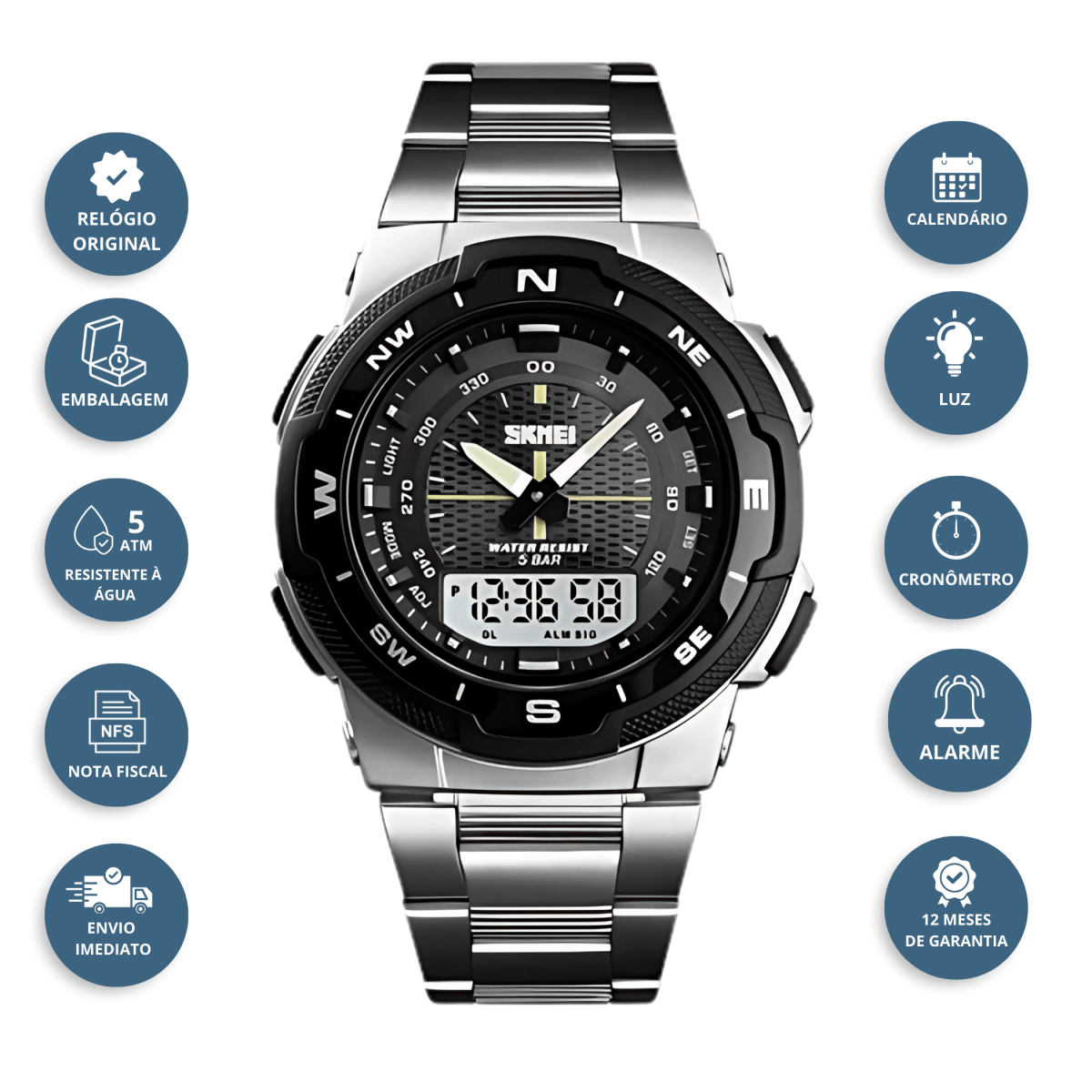 Relógio Masculino Skmei Digital 1370 Prata e Preto Prata 2