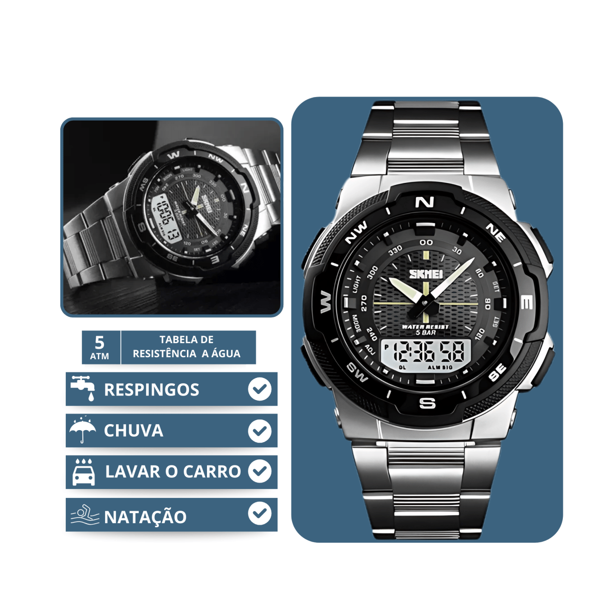 Relógio Masculino Skmei Digital 1370 Prata e Preto Prata 4