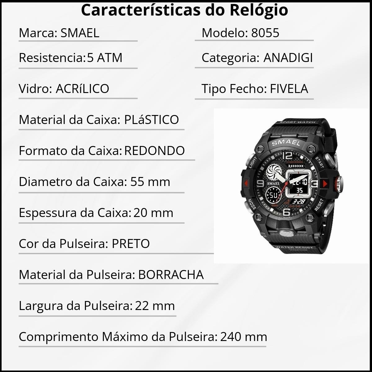Relógio Masculino Smael AnaDigi 8055 Preto Preto 2