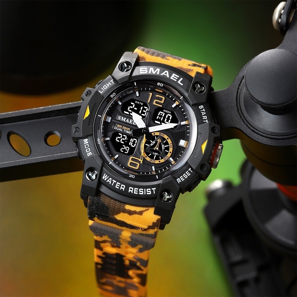 Relógio Masculino Smael AnaDigi 8007 Laranja Camuflado e Preto Amarelo 2