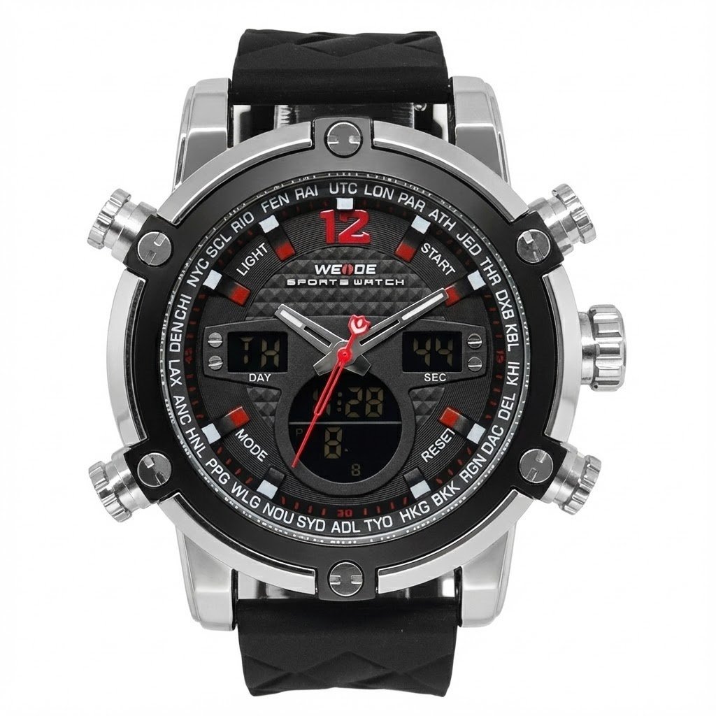 Relógio Masculino Weide AnaDigi WH-5205 Prata e Preto e Vermelho