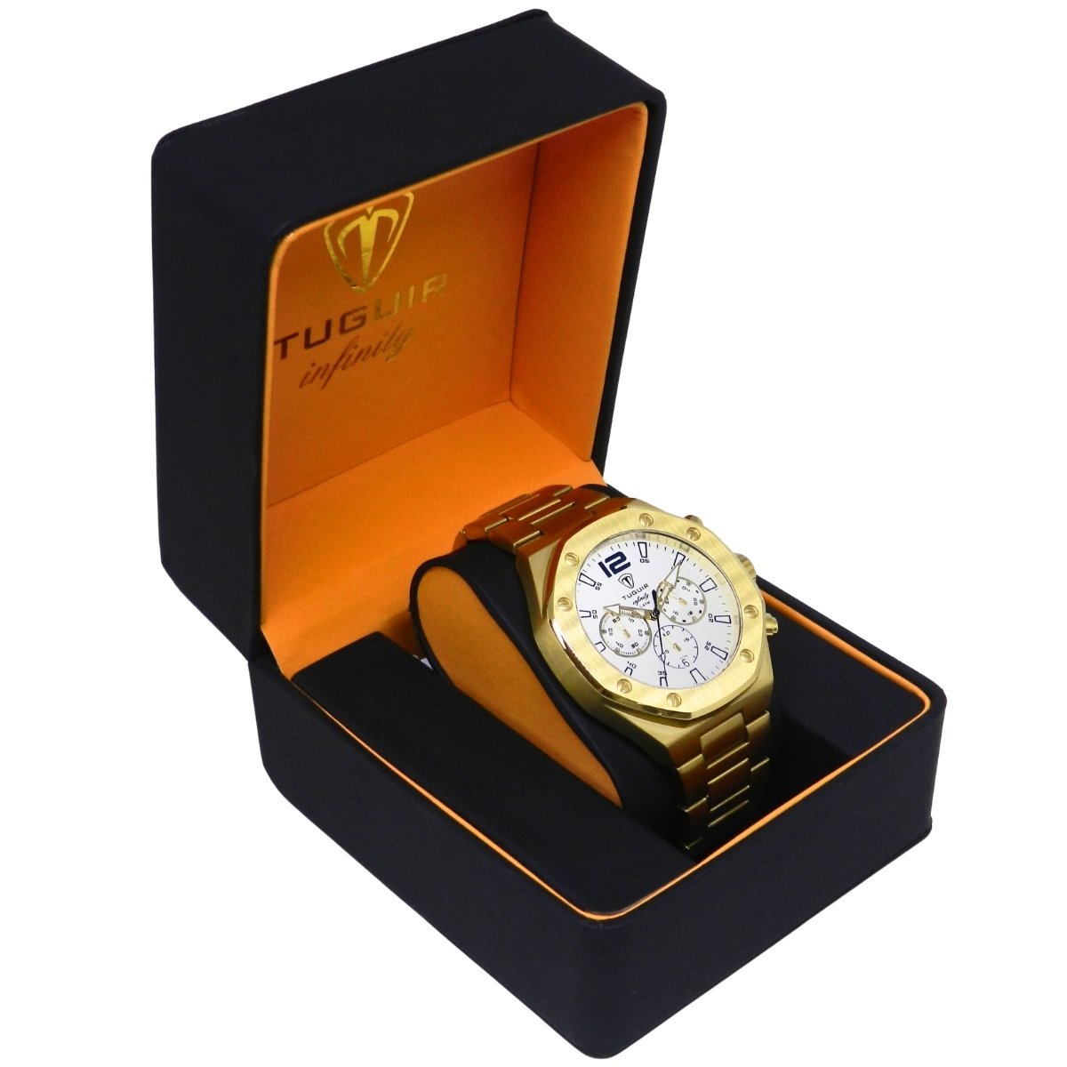 Relógio Cronógrafo Masculino de Aço Tuguir Analógico Infinity GCS-1271 Dourado e Branco Dourado 3
