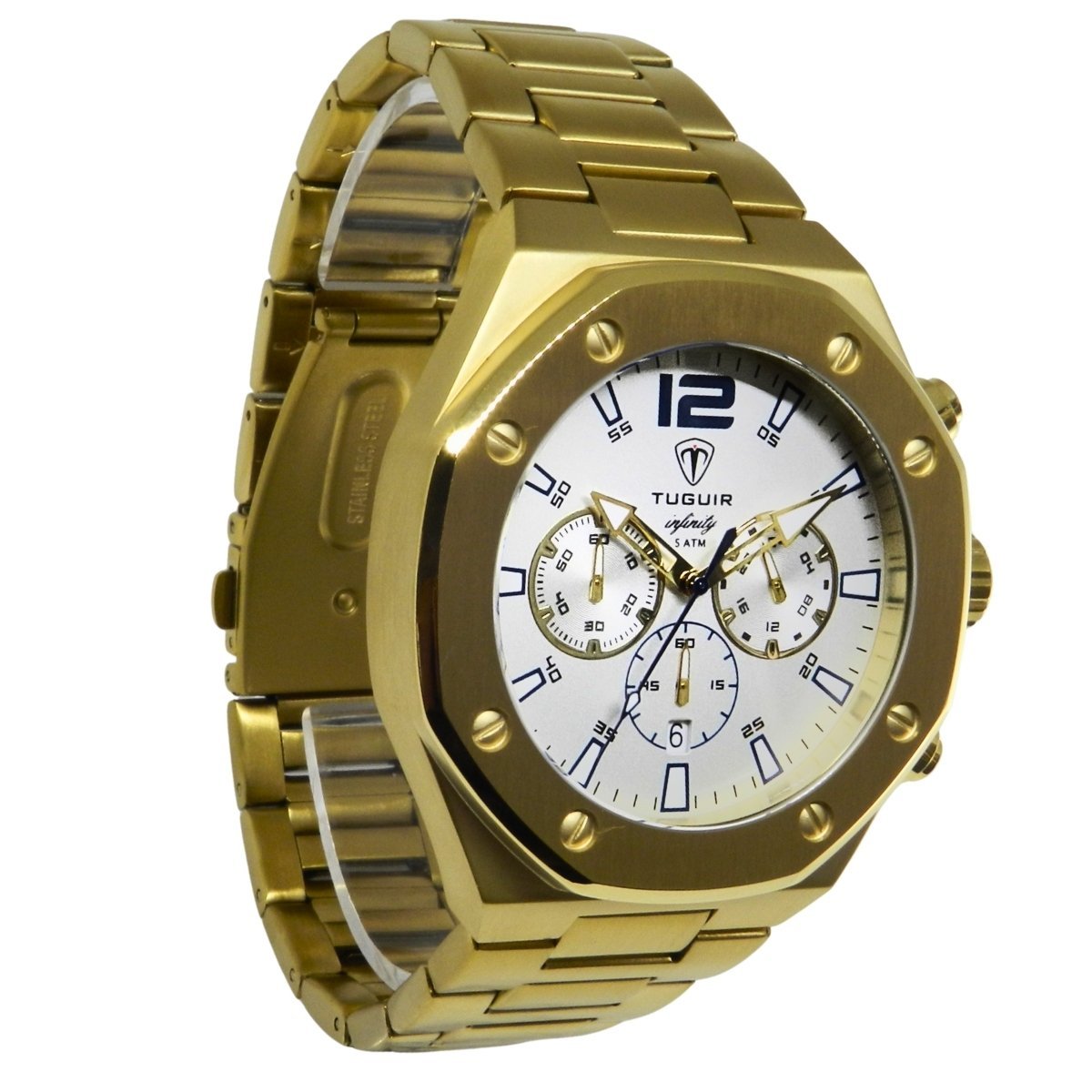 Relógio Cronógrafo Masculino de Aço Tuguir Analógico Infinity GCS-1271 Dourado e Branco Dourado 4